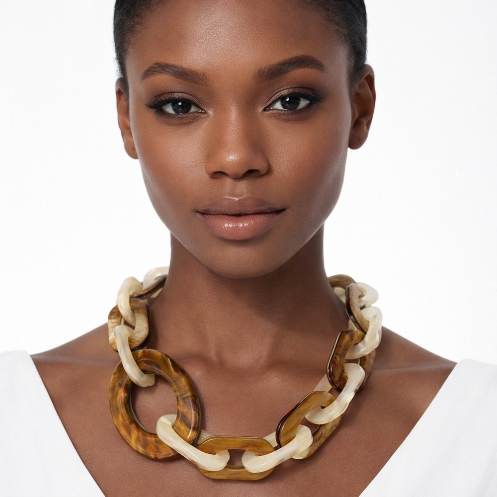 Rush by Denis & Charles Chunky Acrylic Link Necklace Tortoise White 103-102
